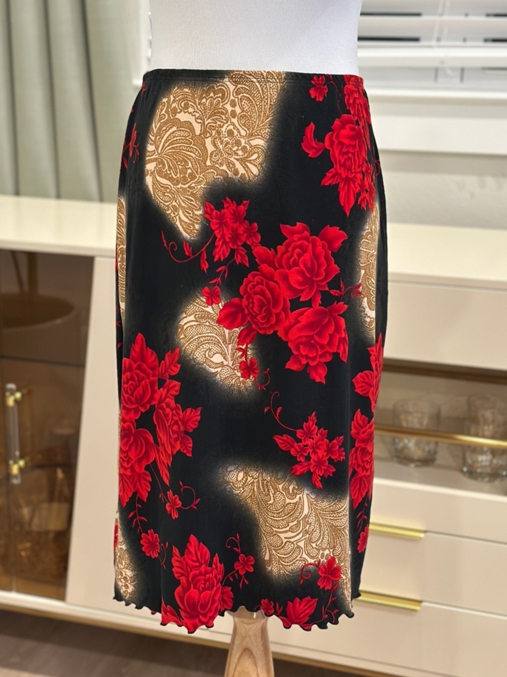 Vintage Black Floral Midi Skirt with Red Roses